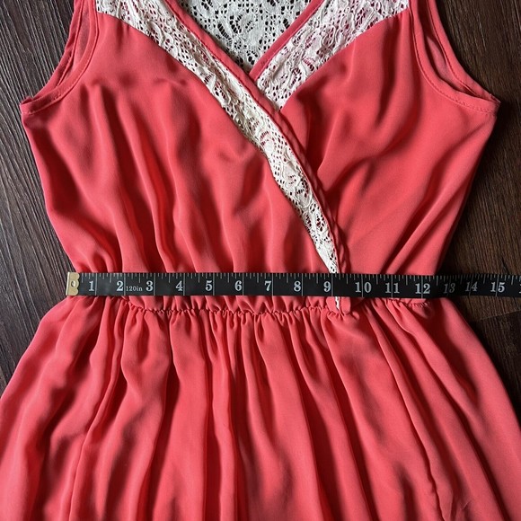 Margo & Sebastian Dress M Medium Coral w/ Ivory Lace V Neck Sleeveless Mini - Picture 8 of 15